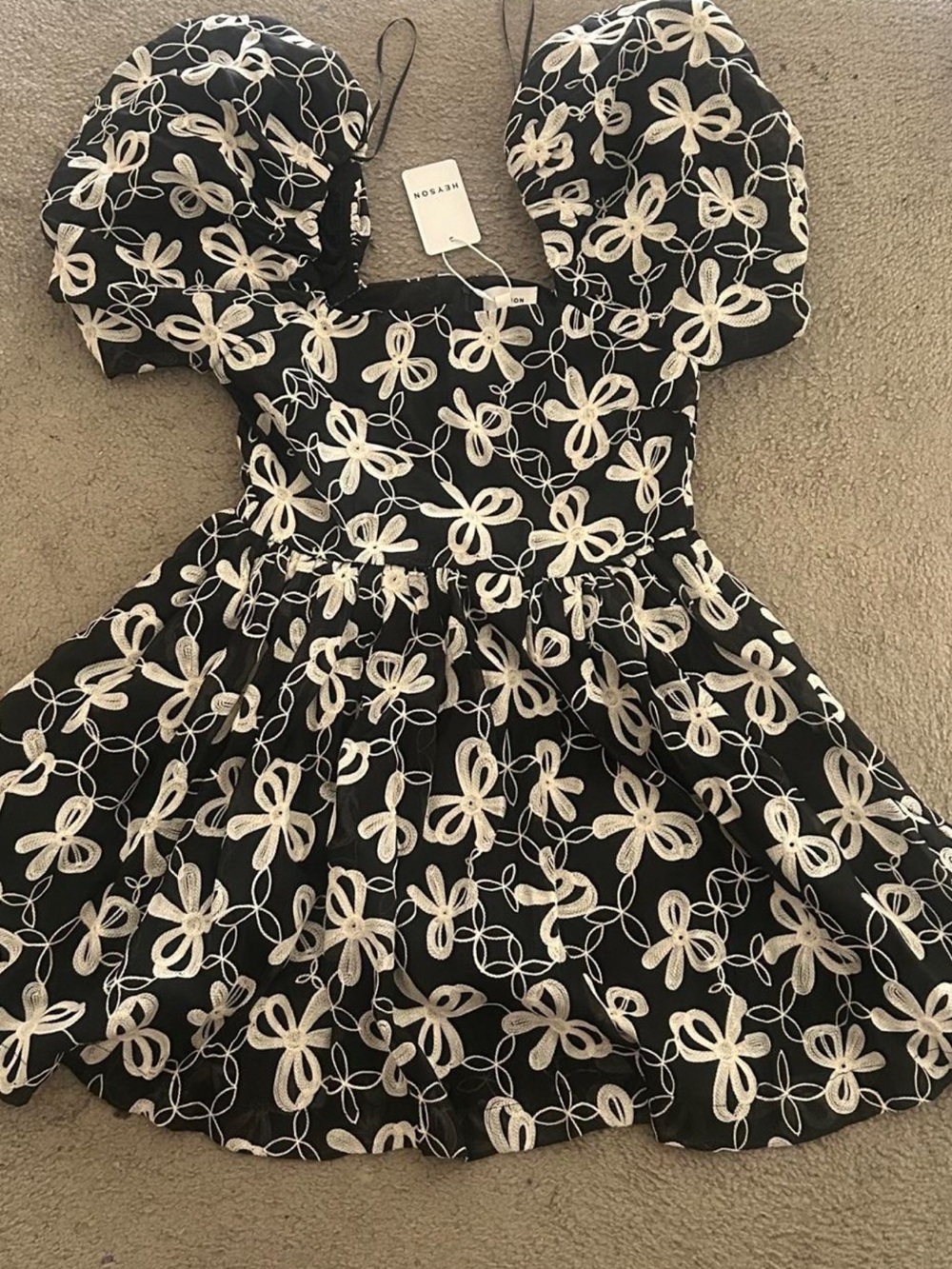 Noras Kids Black Dress with Cream Floral Embroidery